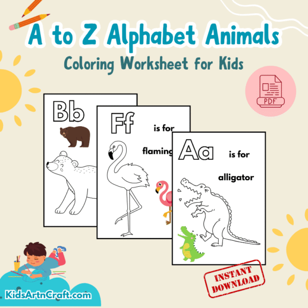 A to Z Alphabet Animals Coloring Worksheet for Kids