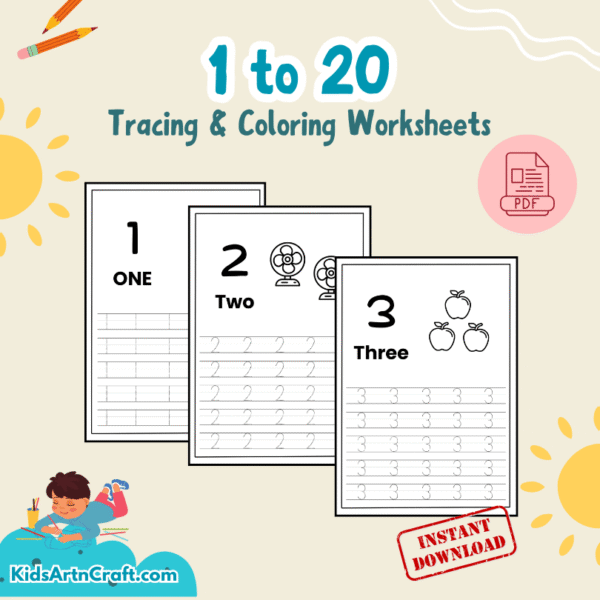 1 to 20 Number Tracing and Coloring Worksheet for Kindergarten