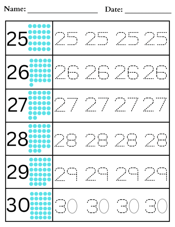 1 to 30 Counting and Tracing Worksheet