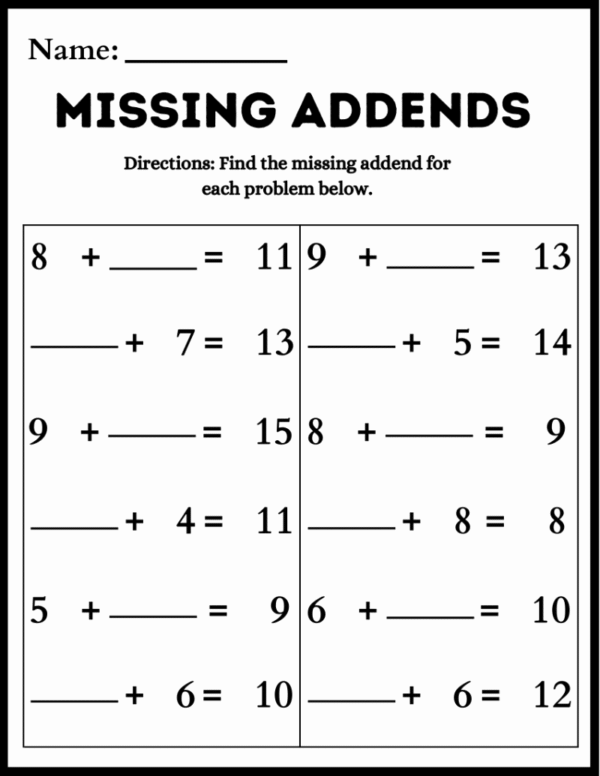 One-Digit Missing Addend Worksheet for First Grade