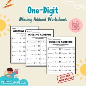 One-Digit Missing Addend Worksheet for First Grade