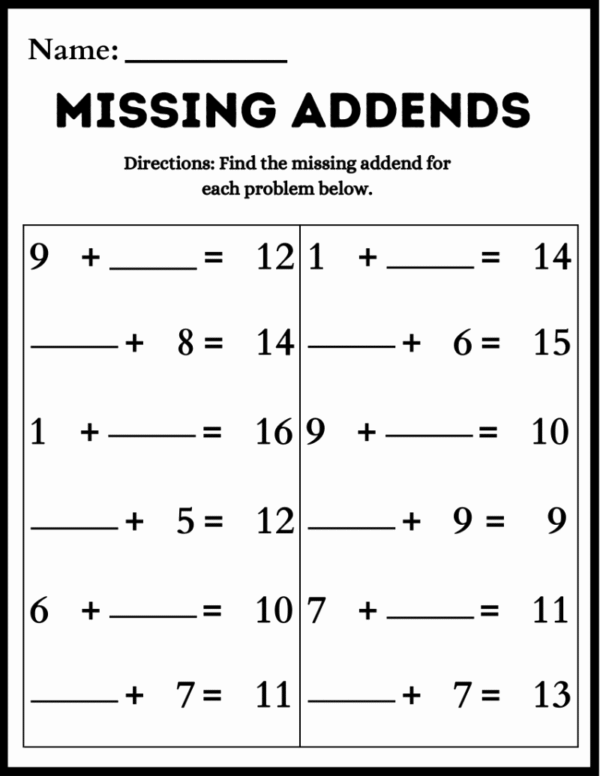 One-Digit Missing Addend Worksheet for First Grade