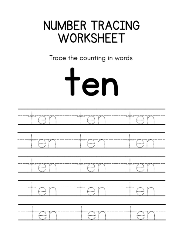 Trace the Numbers and Counting in Words (1 to 10) Worksheet